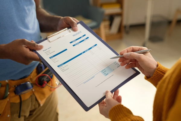 worker holding an invoice document to be signed by a customer