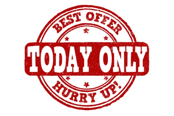 best offer today only hurry up on red stamp depicting high pressure sales pitches