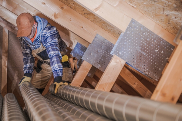 HVAC technician installing new ducts replacing leaky ones