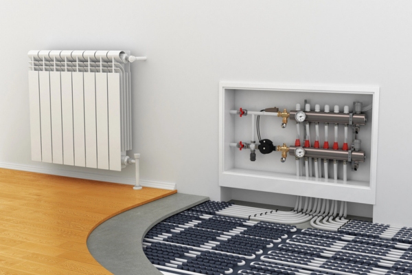 hydronic heating system on the floor and wall of a house