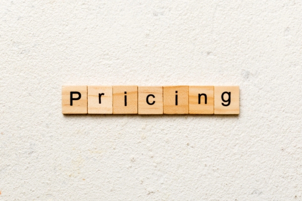 Pricing word spelled using wooden letter cubes
