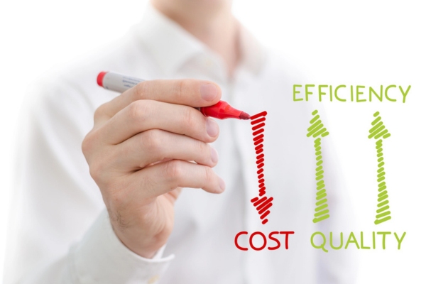 Quality, efficiency and cost written on a virtual board